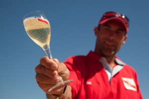 Explorer Mike Horn toasting the Pangaea Expedition in Mongolia with a glass of Mumm Champagne. Photo: Nick Smith