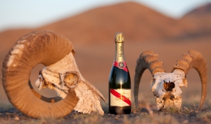 Mumm Champagne makes its mark on Mongolia's Gobi Desert as sponsor of Mike Horn's Pangaea Expedition. Photo: Nick Smith